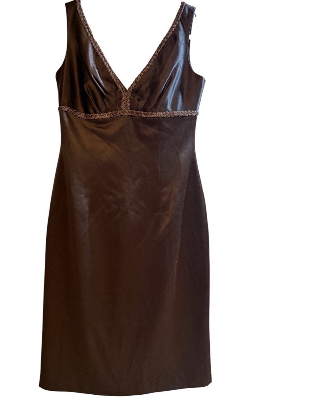 Kay Unger New York Size 2 100% Silk Brown Midi Dress Braided Trim Y2K